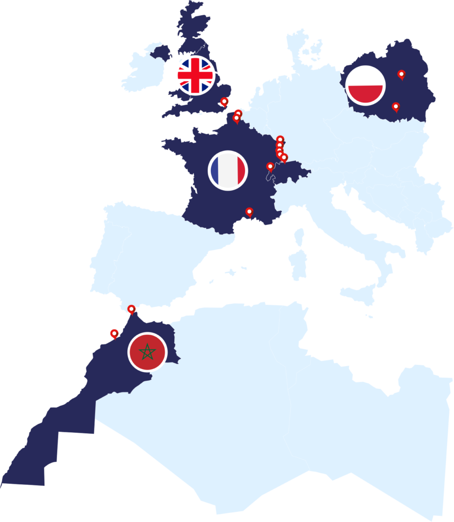 Carte des implantations de Greilsammer en france Pologne Royaume Uni et Maroc